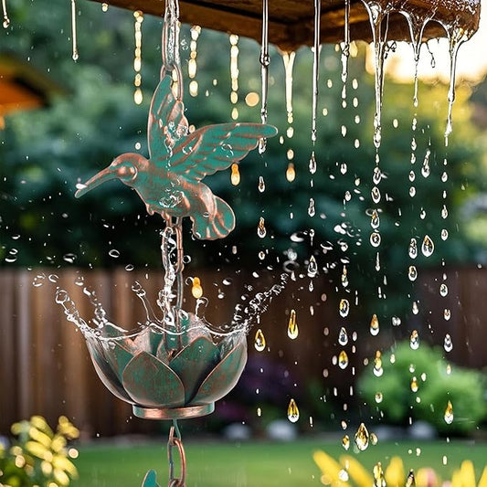 shumi 8.8ft Rain Chain for Gutters Downspouts Outside, 11 Hummingbird Cups with 12 Copper Lotus Rain Chain Cups,Functional and Decorative Replacement for Gutter Downspouts
