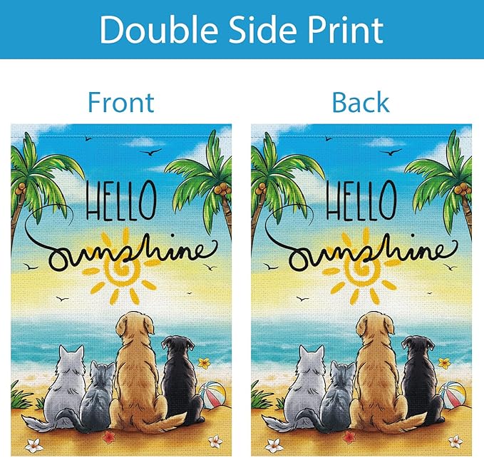 Summer Garden Flag Hello Sunshine Dog Cats Beach Double Sided Burlap 12x18 Inche for Porch Lawn Yard Outdoor and Home Decor