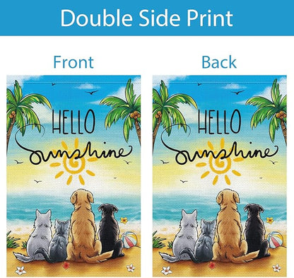 Summer Garden Flag Hello Sunshine Dog Cats Beach Double Sided Burlap 12x18 Inche for Porch Lawn Yard Outdoor and Home Decor