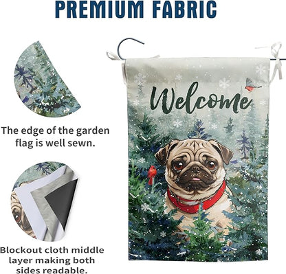 Welcome Winter Garden Flags Pug Garden Flag Cardinal Birds on Snowy Pine Tree Flag Dog Yard Flags for Outside 12x18 Double Sided Christmas Decorative Lawn Flags