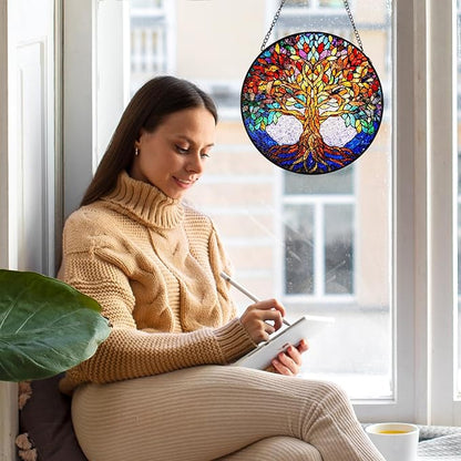 Double Sided Tree of Life Stained Glass Window Hanging, 7.9" Sun Catcher Panel, Green Plant Wall Art for Home & Garden, Unique Gift for Women & Men