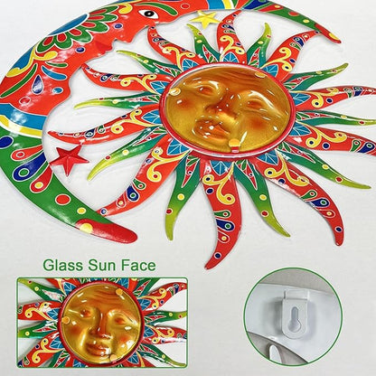 Limygus Sun and Moon Wall Decorations for Outdoor, Colorufl Metal Sun Wall Art Decor with Moon & Stars Perfect for Patio, Garden, Yard, Living Room, Bedroom