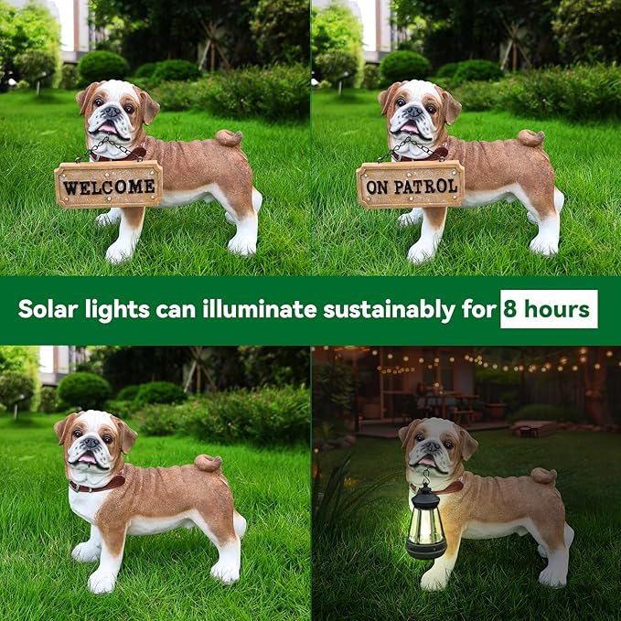 Pug Dog Garden Statue with Solar Lantern Light, Outdoor Bulldog Sculpture with Welcome & On Patrol Sign, Resin Animal Figurine for Patio Yard Lawn Porch Decor, Dog Lover Gifts