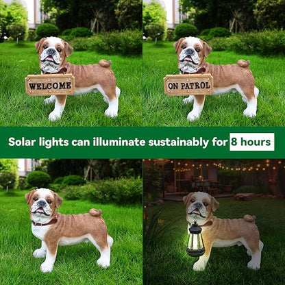 Pug Dog Garden Statue with Solar Lantern Light, Outdoor Bulldog Sculpture with Welcome & On Patrol Sign, Resin Animal Figurine for Patio Yard Lawn Porch Decor, Dog Lover Gifts
