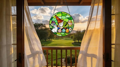 Funoasis Stained Glass Window Hanging Suncatcher - 6.3 Inches Easter Eggs and Rabbit Gnome Ornaments Sun Catcher Home Decor Spring Decoration