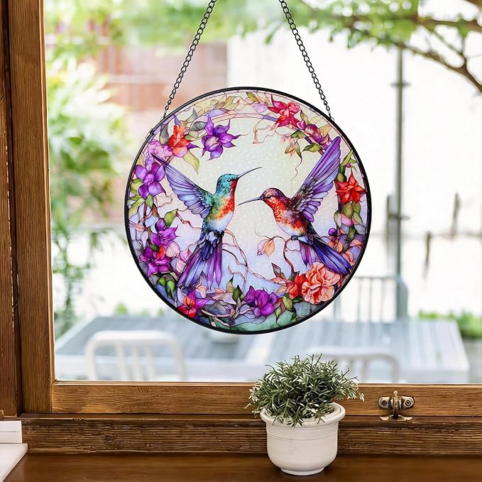 Stained Glass Window Hanging Hummingbird Sun Catcher Indoor and Outdoor, Window Garden Decor Art, Stained Glass Suncathers, Hummingbird Gifts for Women,Mom, Grandma and Wife 7.8’’ Purple