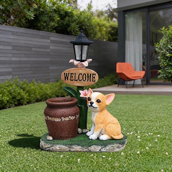Solar Garden Statue with Planter & Solar Lantern, Outdoor Resin Animal Sculpture, Waterproof Yard Lawn Decor Pot for Succulents, Front Porch Ornament Housewarming Gift (Sitting Corgi)