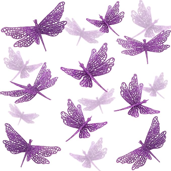 24 Pcs Glitter Dragonfly Decorations, Purple 3D Dragonfly Wall Decor with Clips Stem for Spring Summer Garden Party Wedding, Glitter Dragonflies for Floral Arrangement DIY Craft