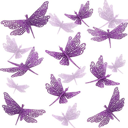 24 Pcs Glitter Dragonfly Decorations, Purple 3D Dragonfly Wall Decor with Clips Stem for Spring Summer Garden Party Wedding, Glitter Dragonflies for Floral Arrangement DIY Craft