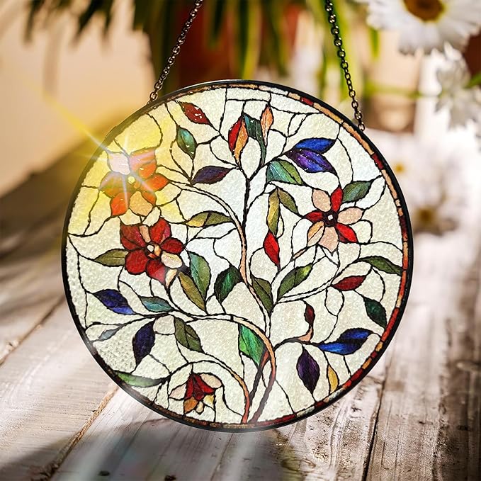 Bimkole Flower Stained Glass Suncatcher Window Hanging - Leaves Design for Indoor Window or Doorway Decoration - 7.87x7.87 inch with Chain and Hook - Unique Home Decor Gift