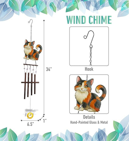 CoTa Global Calico Cat Wind Chime - Pet-Themed Metal Hanging Decor with Copper-Tone Tubes and Beaded Accents, Indoor Outdoor Porch Patio Garden Decoration - 34 Inches