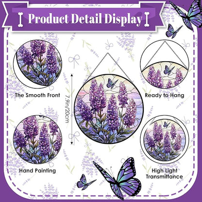 Lavender Stained Glass Window Hanging, 7.9" Lavender Butterfly Sun Catcher Glass Panel with Chain, Lavenders Gifts Hand Painted Round Wall Art Gifts for Women, Lavenders Decor Housewarming Gift
