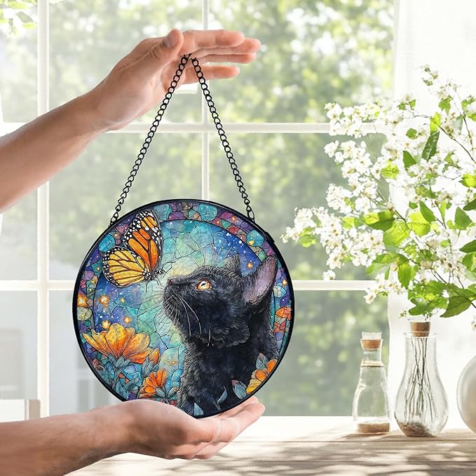 Black Cat Butterfly Suncatchers Stained Glass Window Hanging, Cottagecore Flower Butterfly Black Cat Sun Catchers Indoor Window Glass Round Wall Decor, Gifts for Pet Lovers 7.9x7.9in