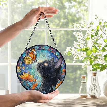Black Cat Butterfly Suncatchers Stained Glass Window Hanging, Cottagecore Flower Butterfly Black Cat Sun Catchers Indoor Window Glass Round Wall Decor, Gifts for Pet Lovers 7.9x7.9in