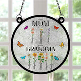 Personalized First Mom Now Grandma Stained Glass Suncatchers, Custom Name Birth Month Flowers Window Hanging Ornament, Mothers Day Grandmas Garden Gifts for Grandma Mom (Round 4)