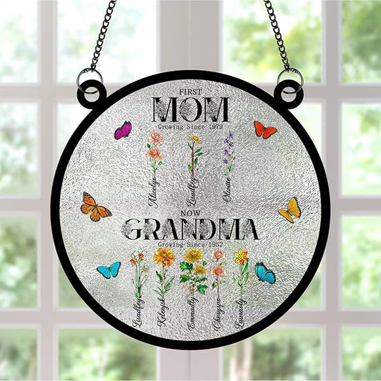 Personalized First Mom Now Grandma Stained Glass Suncatchers, Custom Name Birth Month Flowers Window Hanging Ornament, Mothers Day Grandmas Garden Gifts for Grandma Mom (Round 4)