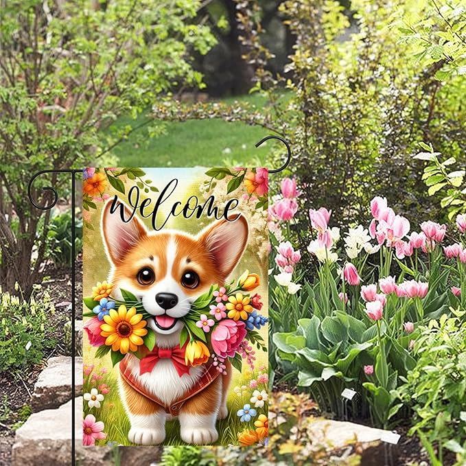 BlissYard Spring Corgi Garden Flag 12x18 Inches Double Sided Cute Puppy Welcome Yard Flags Colorful Floral Sunflower Butterfly Summer for Outside Decor Home Farmhouse lawn Decorations
