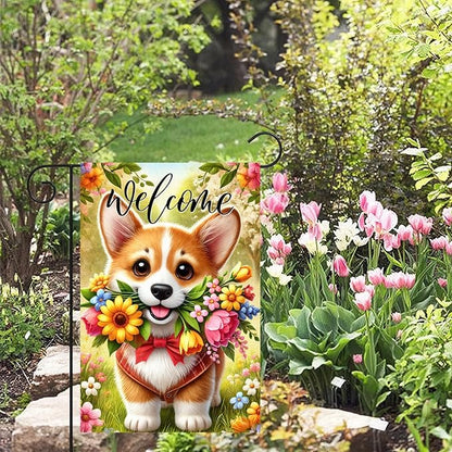 BlissYard Spring Corgi Garden Flag 12x18 Inches Double Sided Cute Puppy Welcome Yard Flags Colorful Floral Sunflower Butterfly Summer for Outside Decor Home Farmhouse lawn Decorations