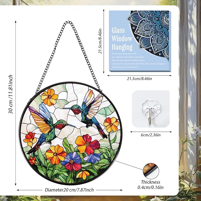 Rngmsi Hummingbird Stained Glass Window Hanging Gifts, 7.8″ Flower Sun Catchers for Indoor Window Decorations, Decorative Suncatchers Home Wall Art Gift for Thanksgiving Christmas Wedding Housewarming