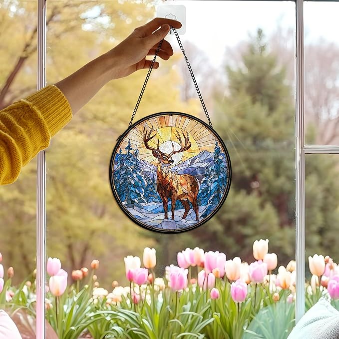 Winter Wonderland Christmas Deer Suncatcher Stained Glass Window Hanging Decorstions, Landscape Stained Glass Wall Decor, Winter Solstice Gifts, Forest Garden Sun Catchers Window Art, 7.9x7.9In