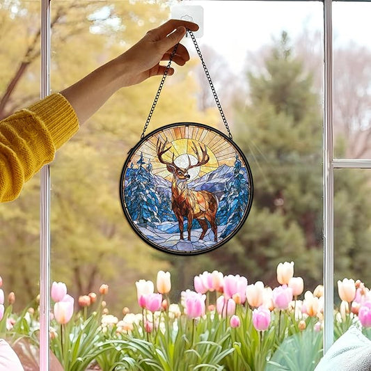 Winter Wonderland Christmas Deer Suncatcher Stained Glass Window Hanging Decorstions, Landscape Stained Glass Wall Decor, Winter Solstice Gifts, Forest Garden Sun Catchers Window Art, 7.9x7.9In