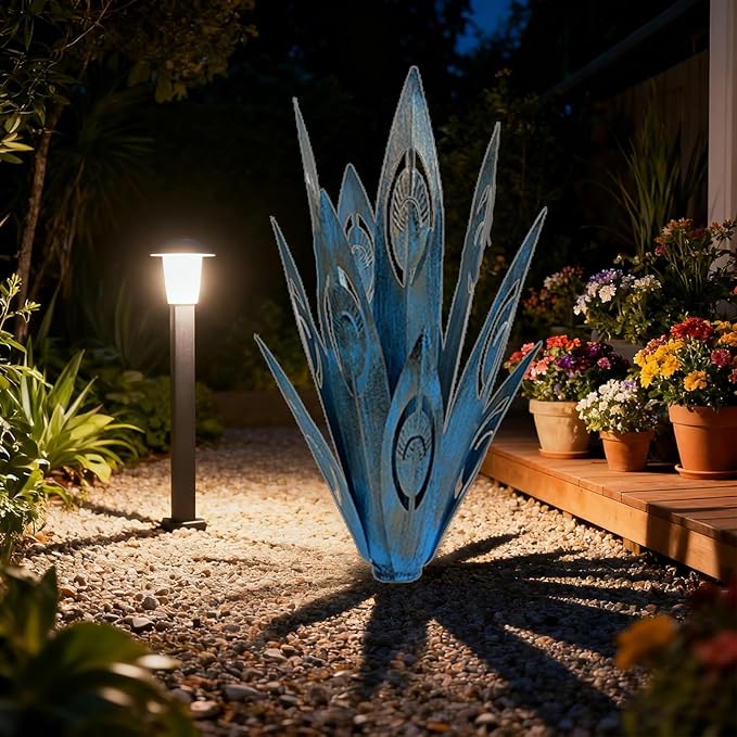 Tequila Rustic Sculpture DIY Metal Agave Plant Home Decor Rustic Hand Painted Metal Agave Garden Ornaments Outdoor Decor Figurines Home Yard Decorations Stakes Lawn Ornaments (Blue new 2PCS)