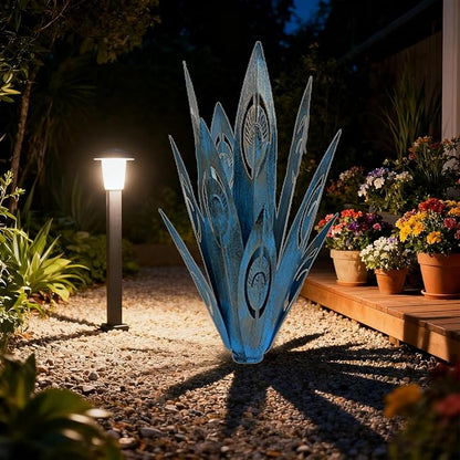 Tequila Rustic Sculpture DIY Metal Agave Plant Home Decor Rustic Hand Painted Metal Agave Garden Ornaments Outdoor Decor Figurines Home Yard Decorations Stakes Lawn Ornaments (Blue new 2PCS)