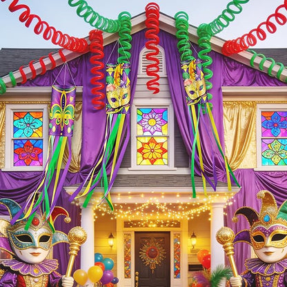 2 Pieces 40 Inches Mardi Gras Windsocks, Purple Green Yellow Flag Windsock Flag Mardi Gras Hanging Outdoor Decorations for Tree Home Garden Yard Patio Porch Lawn Holiday Party