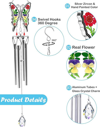 KY&BOSAM Gifts for Mom Butterfly Wind Chime for Outside with Crystal Sympathy Wind Spinner Memory Memorial Wind Chime for Loss of Loved One Mother Condolence Gift Home Outdoor Garden Patio Decor