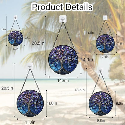 DASTOLL Stained Glass Window Hanging, Blue Purple Tree of Life Sun Catchers Colorful Glass Panel Plants Suncatcher Decor for Birthday for Women,Men,Wife, Lovers, and Mom 7.8 in
