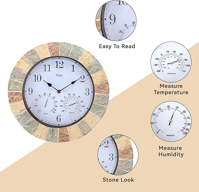 Lily's Home Hanging Wall Clock, Includes a Thermometer and Hygrometer and is Ideal for Indoor and Outdoor Use, Faux-Stone (10 Inches)