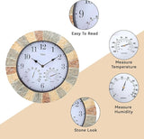 Lily's Home Hanging Wall Clock, Includes a Thermometer and Hygrometer and is Ideal for Indoor and Outdoor Use, Faux-Stone (10 Inches)