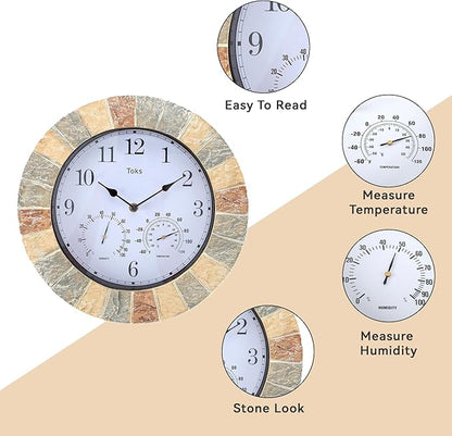 Lily's Home Hanging Wall Clock, Includes a Thermometer and Hygrometer and is Ideal for Indoor and Outdoor Use, Faux-Stone (10 Inches)