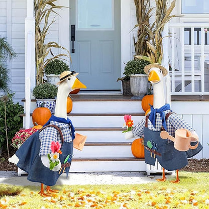 GJL Gardener Porch Goose Outfit Fits 23 Inch Cement Plastic Goose Statue, 2-Piece Porch Goose Clothes with Hat, Tools, Scarf, Watering Can & Flower Pot Design for Spring Summer Outdoor Garden Decor