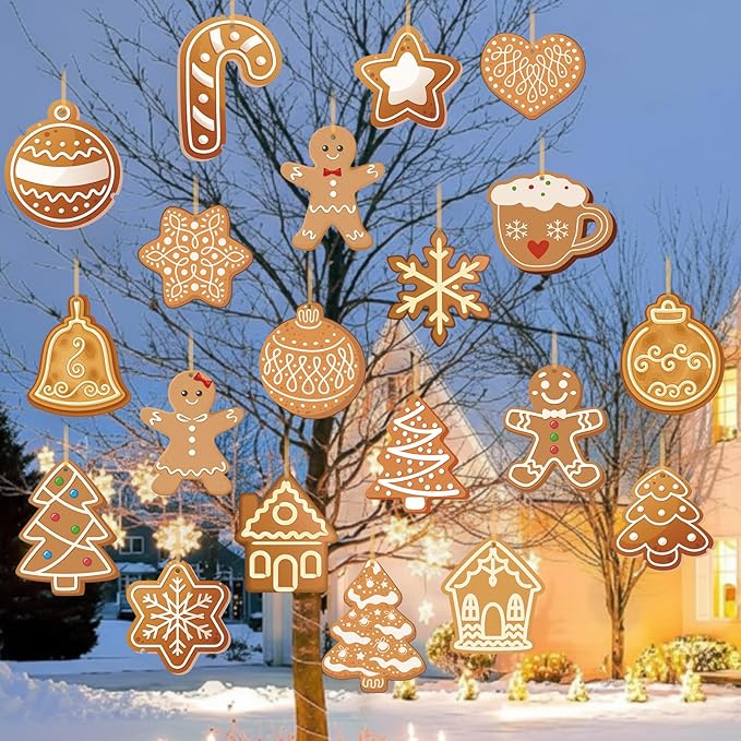 Rtteri 30 Pcs Christmas Gingerbread House Decorations Bulk 5 x 6 Inch Double Sided Snowflake Gingerbread Candy Canes Plastic Hanging Ornaments for Xmas Tree Yard Porch Lawn Holiday Decorations