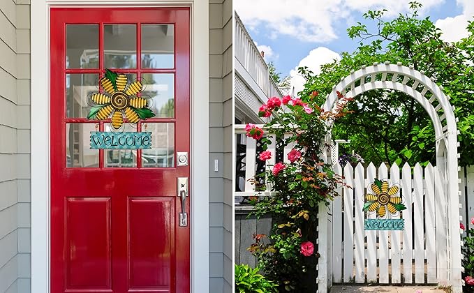 Metal Welcome Sign Daisy Hanging Signs for Front Door - Indoor Outdoor Door Decor Wall Art Flower Decoration Decorative Ornament Wreath for Home Garden Patio (Yellow)
