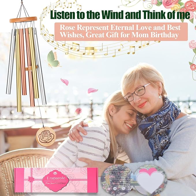 Wind Chimes for Mom, 32" Unique Tri-Gold Rose-Themed Wind Chimes for Mom, Windchimes Outdoors Deep Tones Soothing Melody, Gifts for Mothers