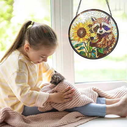 7.8 Inch Stained Glass Window Hanging Sunflower Raccoon Sun Catcher Indoor Window Door Wall Yard Home Decor Colorful Glass Panel Suncatcher Gifts for Women Men Mom Grandma