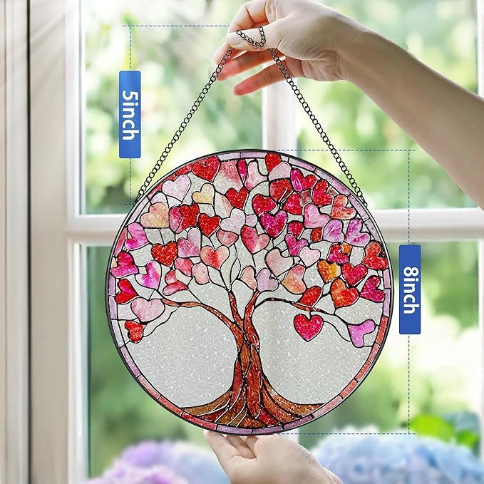 Stained Glass Window Hanging - 8 in Heart Sun Catchers Indoor Window - Suncatcher Decor for Valentine for Women, Her, Wife, Couple, Girlfriend - Mother's Day, Anniversary, Christmas, Birthday Gifts
