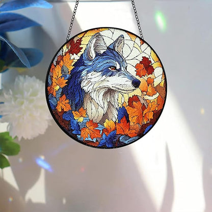 Bimkole Wolf Stained Glass Suncatcher Window Hanging - Animals Design for Indoor Window or Doorway Decoration - 7.87x7.87 inch with Chain and Hook - Unique Home Decor Gift