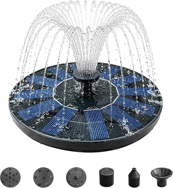 Solar Bird Bath Fountain Pump 6.3" Larger Size, 7V 1.4W Floating Solar Fountain, 5 Spray Patterns Water Pump for Bird Bath, Pond, Garden & Outdoor Water Features
