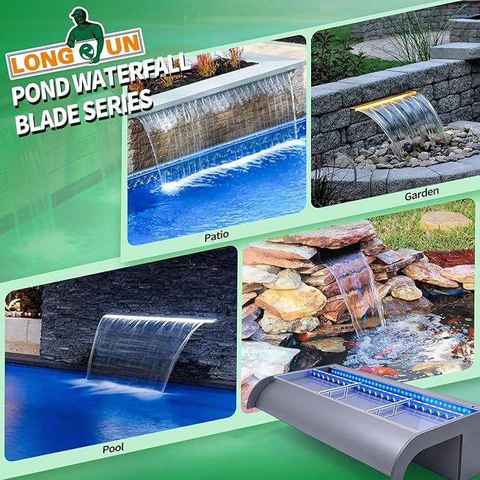 with lid Waterfall Pool Fountain, LONGRUN Acrylic Waterfall Spillway for Pools and Ponds - 11.8" Wide Decorative Water Feature for Swimming Pools, Koi Ponds, and Garden