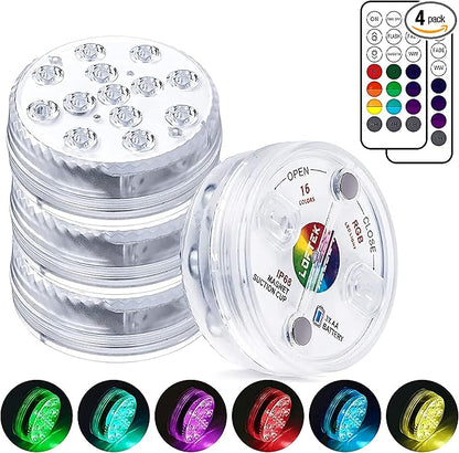 LOFTEK Submersible LED Lights with Remote, 13 LED Pool Lights for Inground Above Ground Pool with Magnets &10 Suction Cups,16 Color Changing Underwater Light for Ponds Battery Operated (4 Packs)