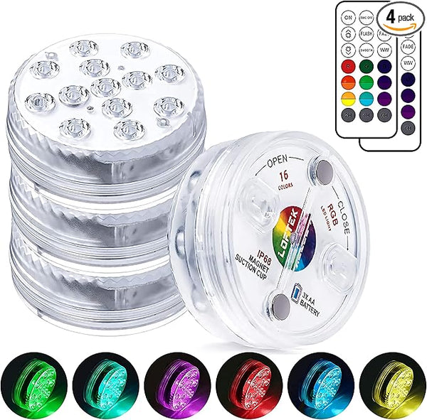 LOFTEK Submersible LED Lights with Remote, 13 LED Pool Lights for Inground Above Ground Pool with Magnets &10 Suction Cups,16 Color Changing Underwater Light for Ponds Battery Operated (4 Packs)