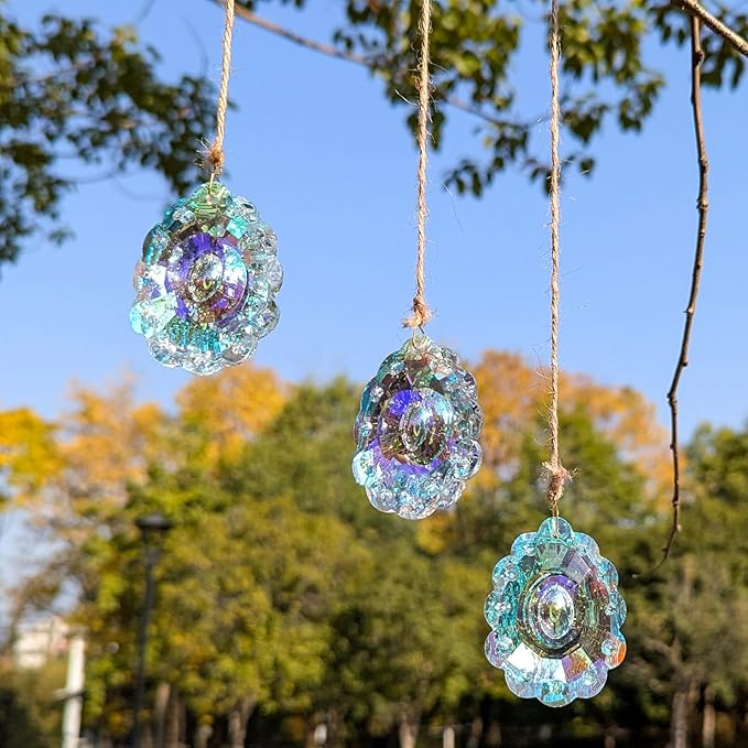 Crystal Prism DIY Suncatchers, 3PC AB Flower Prism Hanging Crystal for Windows, Chandeliers, Garden and Home Decor