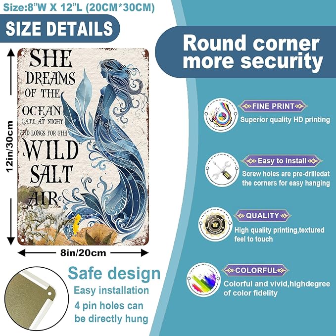 Mermaid Metal Sign Mermaid Dreams Retro Tin Sign Vintage Ocean Decoration for Home Bars and Restaurant wll gift 8x12 inch