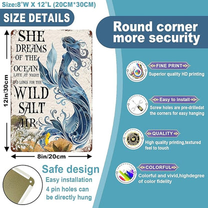 Mermaid Metal Sign Mermaid Dreams Retro Tin Sign Vintage Ocean Decoration for Home Bars and Restaurant wll gift 8x12 inch
