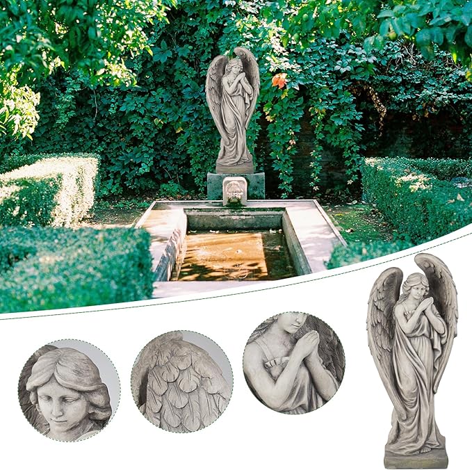 Outdoor Statues Angel Décor Garden Statue - 34 inch Large Garden Angels Outdoor Religious Statues Catholic Resin Concrete Finish Yard Patio Deck Home Entryway Hallway Sculpture 13.7*9.8*34 Inch