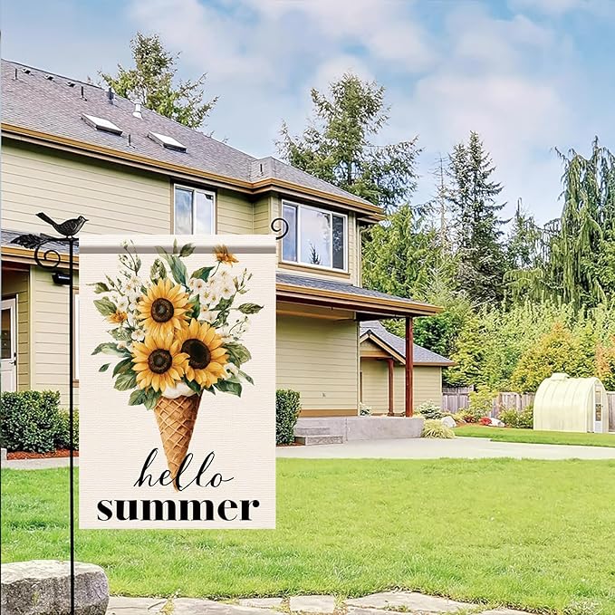 Hello Summer Garden Flag Sunflower Ice Cream Floral Outdoor Yard Porch Lawn Garden Decor for Rustic Farmhouse Cottage Patio Seasonal Summer Home Display