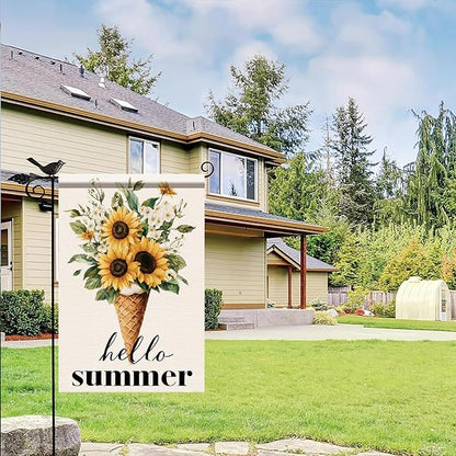 Hello Summer Garden Flag Sunflower Ice Cream Floral Outdoor Yard Porch Lawn Garden Decor for Rustic Farmhouse Cottage Patio Seasonal Summer Home Display